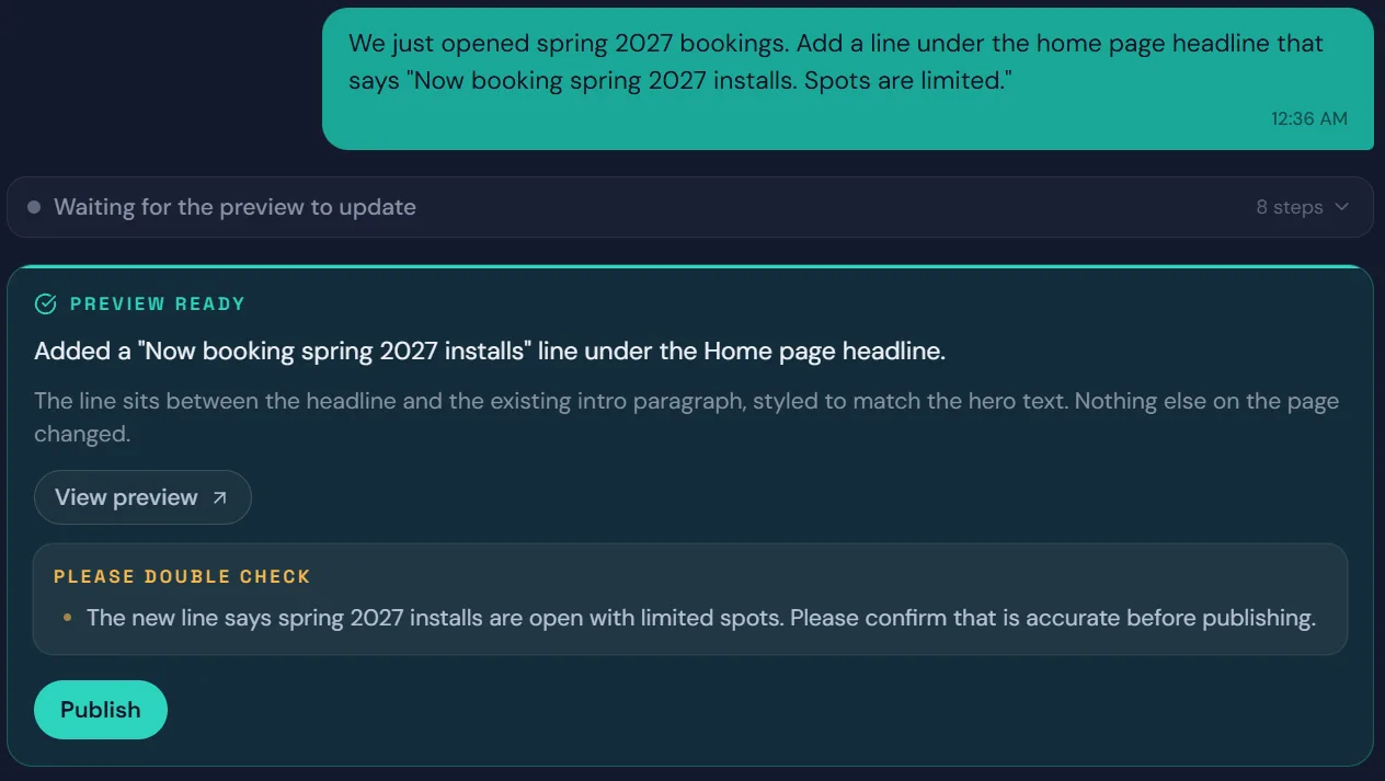 A preview ready card saying the line was added and nothing else on the page changed, with a view preview link and a please double check note about the spring 2027 claim.